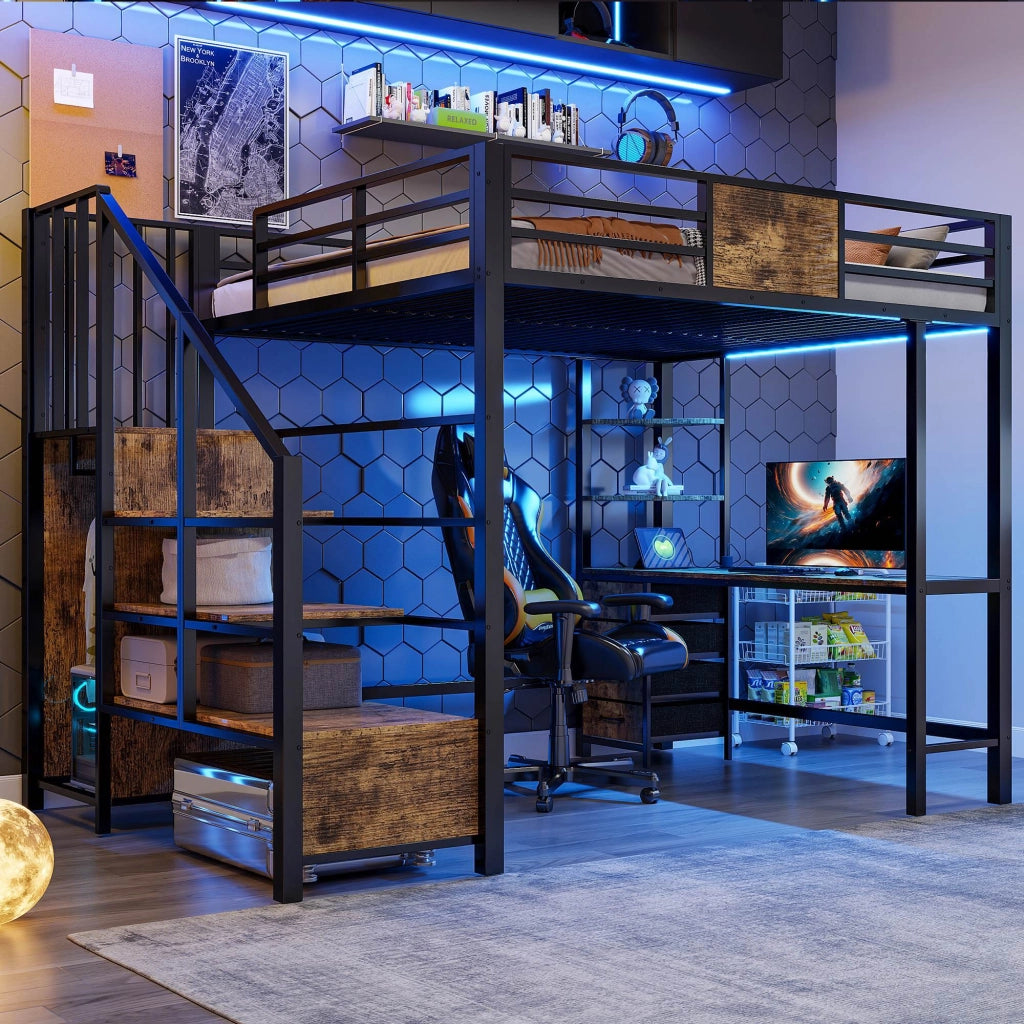 Letto a soppalco con LED e scrivania integrata LEMONMAX; 140x200 cm; 4 cassetti; appendiabiti aperto; presa europea; h letto 144 cm; nero