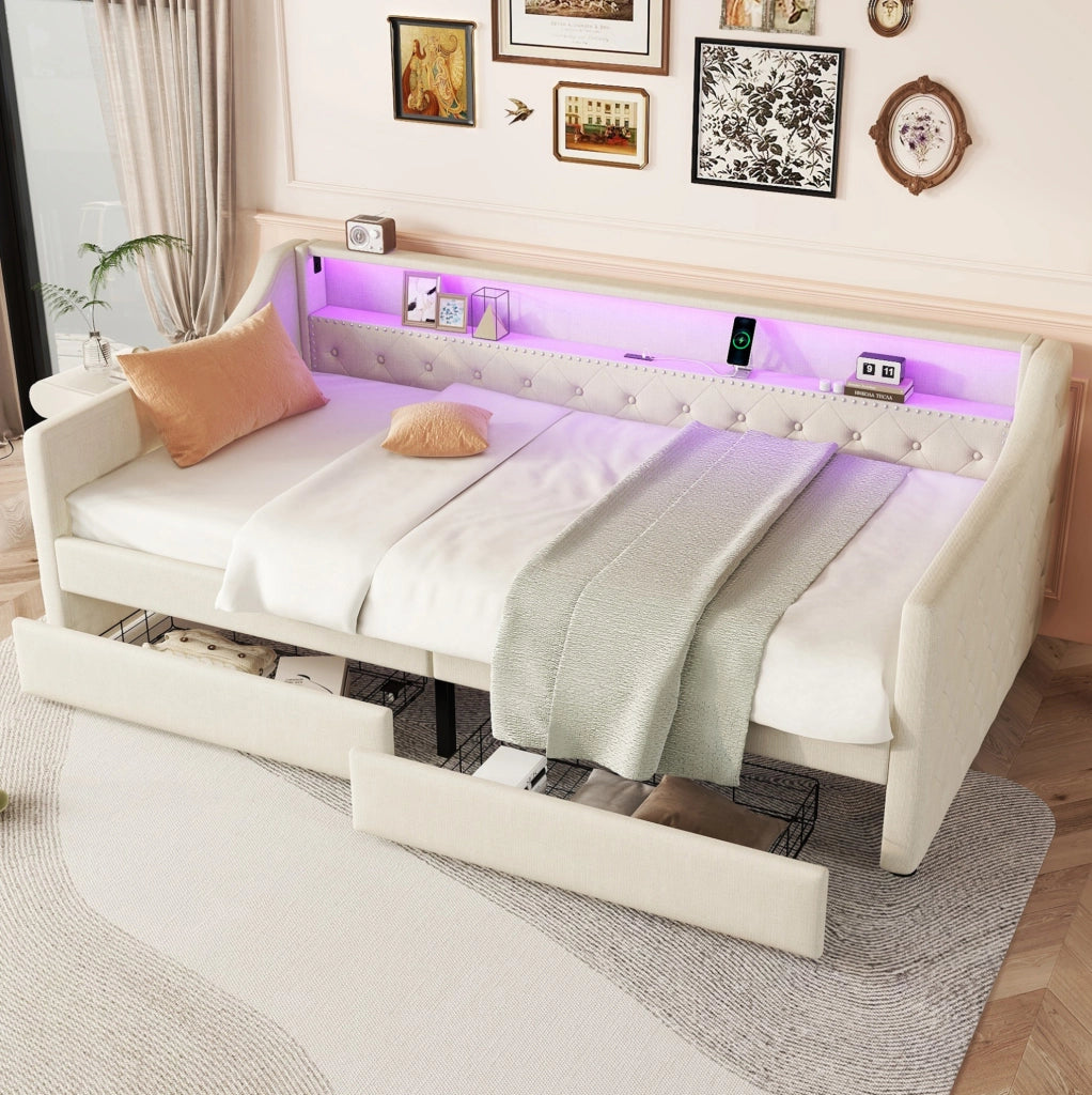 Letto da giorno 90x200 cm beige in lino e MDF con LED, USB e 2 cassetti