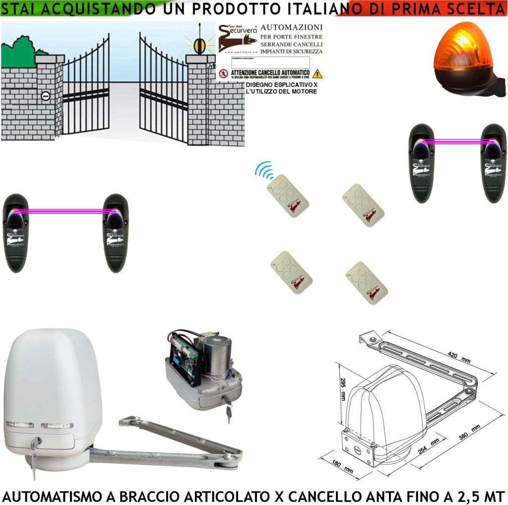 KIT MOTORE A BRACCIO ARTICOLATO 220/24 V CANCELLO AUTOMATICO ANTA BATTENTE DA 0,5 A 2,5 MT CENTRALE 4 RADIOCOMANDI 2 FOTOCELLULE FARO