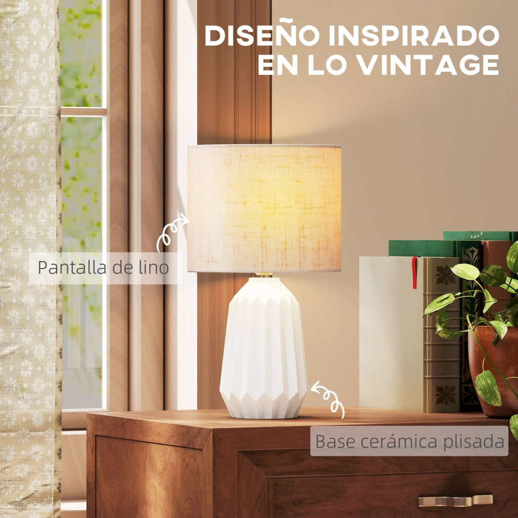 Lampada da Tavolo Stile Retro con Base Ceramica e Paralume Lino ¨C Minimal ¨C Bianco e Beige