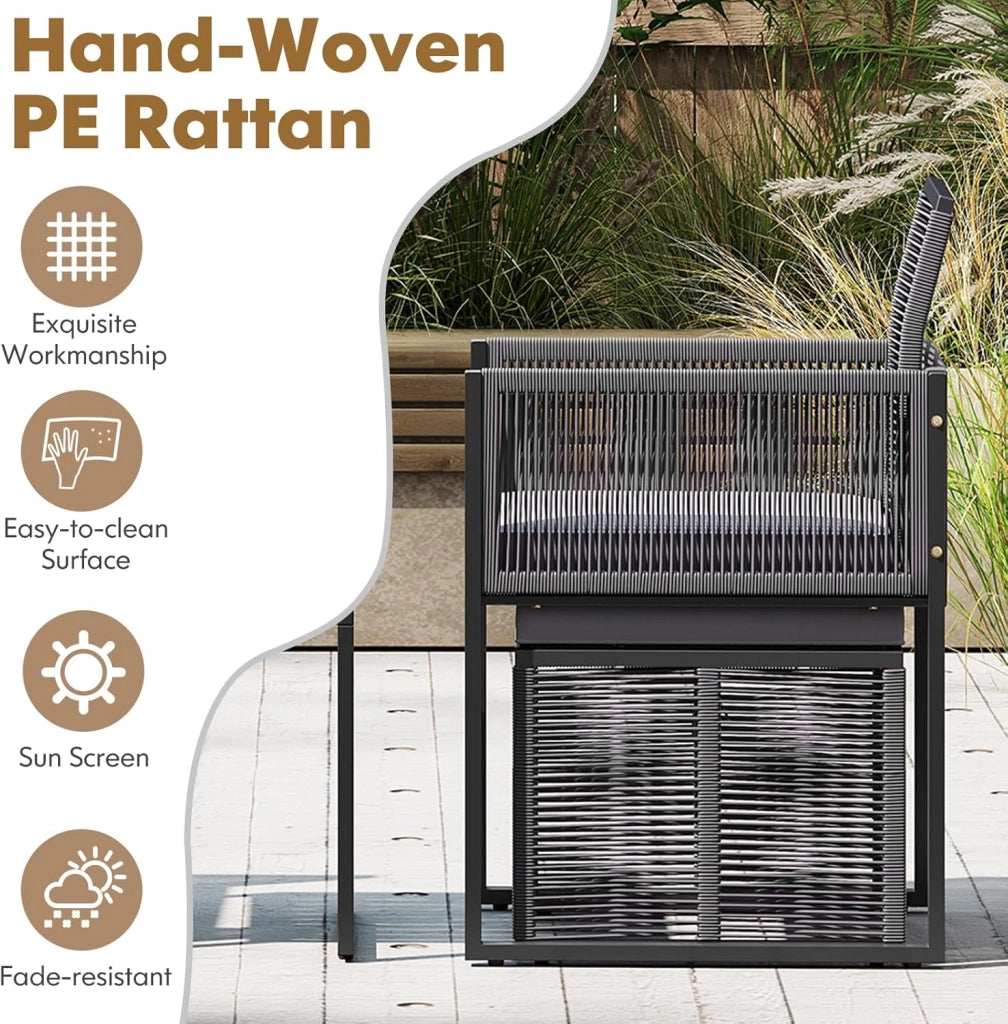 Set di Mobili da Giardino in Rattan per 2-4 Persone, Tavolo da Giardino con Piano in Legno e 2 Sedie (Capacità 180 kg), 2 Sgabelli, 4 Cuscini Rimuovibili, Arredamento da Giardino per Patio