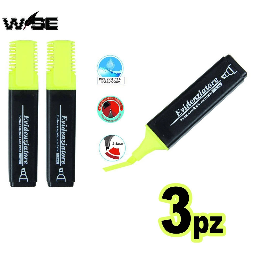 Trade Shop - Set 3 Pezzi Evidenziatore Giallo Penna Penne Fluo Evidenziatori Scuola Ufficio -
