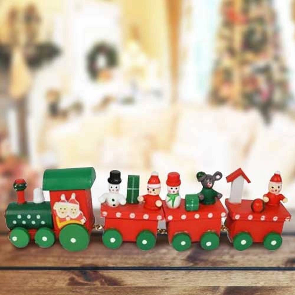 Trade Shop - Trenino Natalizio In Legno Con 4 Vagoni 20cm Rosso E Bianco Decorazioni Natale -