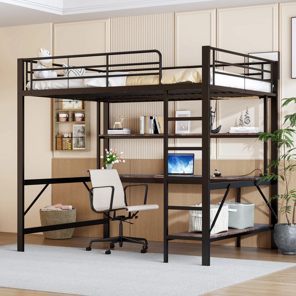 DESMIU Letto a soppalco 140 × 200 cm 2 posti con scrivania, scaffali, USB e LED, senza materasso, nero
