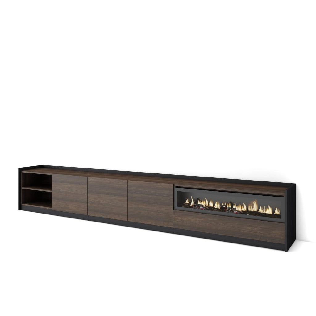 Mobile TV Soggiorno, 310x50x37 cm, Per TV fino a 80", Camino elettrico, Rovere scuro e Nero