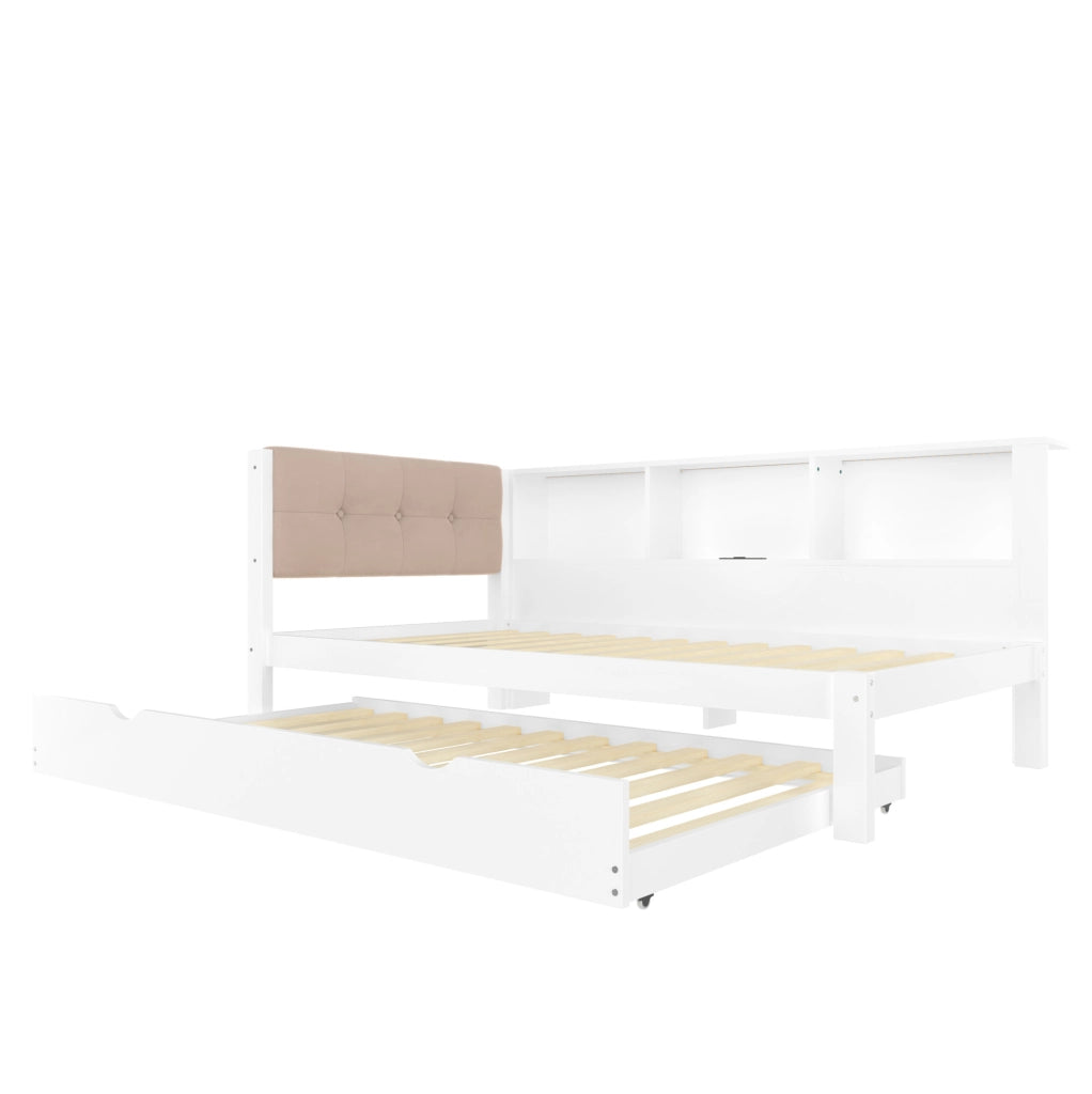 Letto singolo 90x200 cm con letto estraibile; LED dimmerabile; USB e scaffale; bianco