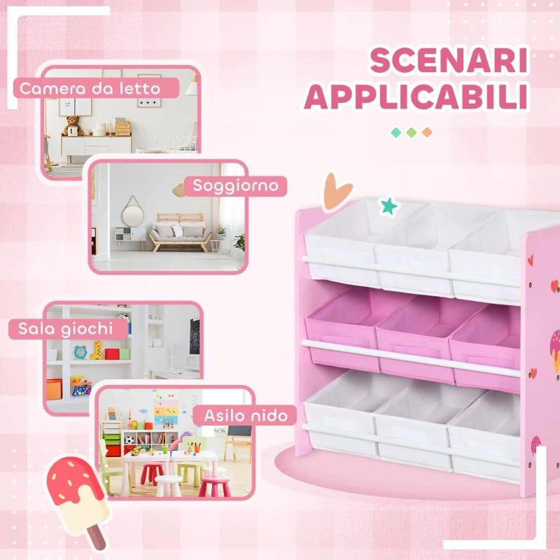MOBILETTO PORTAGIOCHI CON 9 CESTINI RIMOVIBILI IN LEGNO E TESSUTO, 63X30X60 CM, ROSA E BIANCO