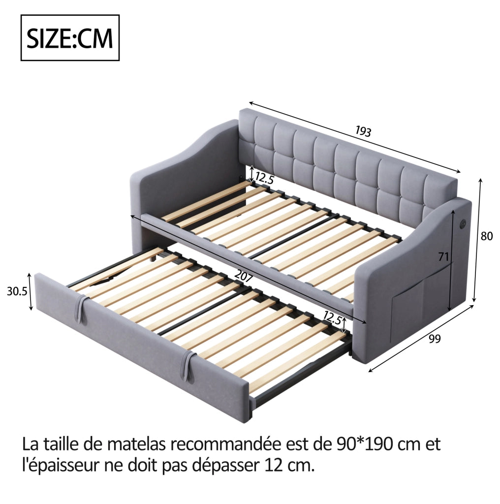 Divano letto imbottito estraibile 90x190 cm in velluto grigio con porte USB