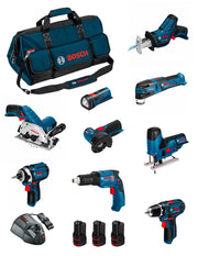 BOSCH Kit BMKB9-28AD3 (GSR12V-15+GTB12V-11+GDR12V-105+GWS12V-76+GST12V-70+GKS12V-26+GOP12V-28+GSA12V-14+GLI12V-80+3x2,0Ah...)
