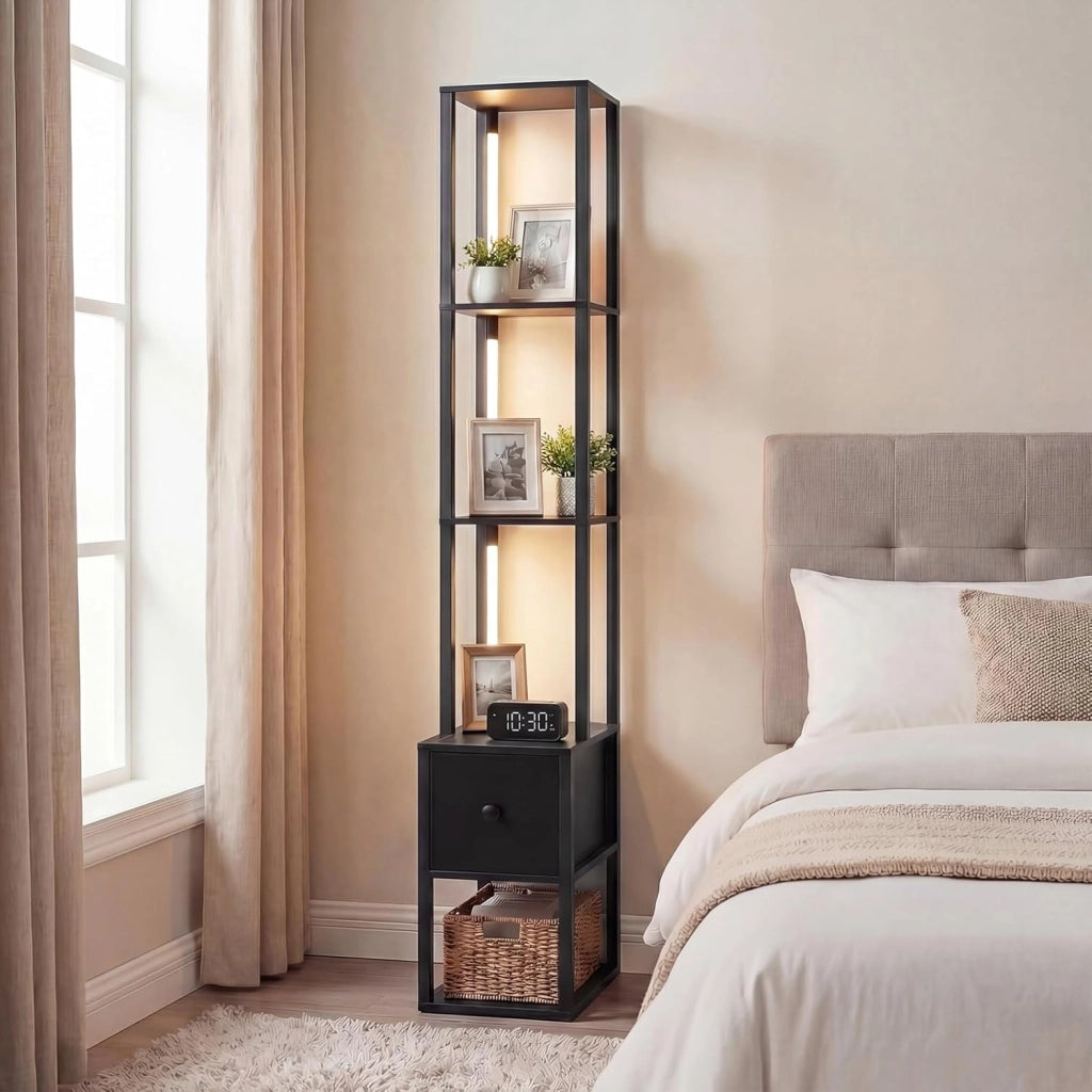 Lampada da Terra, Piantana da Terra con Cassetto, Ripiani, Luminosità Regolabile e Tubi Luminosi Ruotabili 360° Lampada a Stelo per Soggiorno, Camera da Letto e Studio