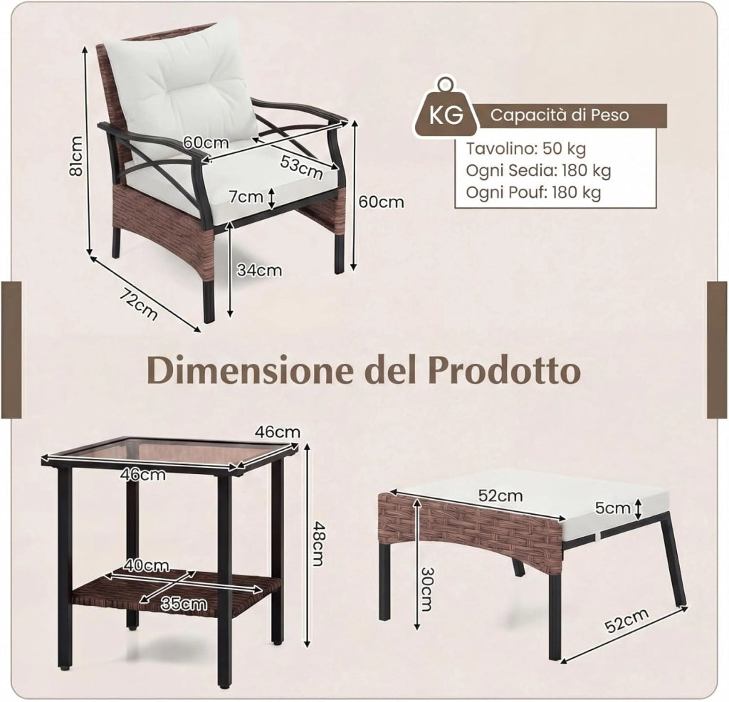 Set di 5 Mobili da Giardino in Rattan, Set Mobili da Esterno con Sedie Poggiapiedi Cuscini e Tavolino in Vetro Temperato a 2 Livelli, Set Conversazione per Portico e Balcone (Beige)