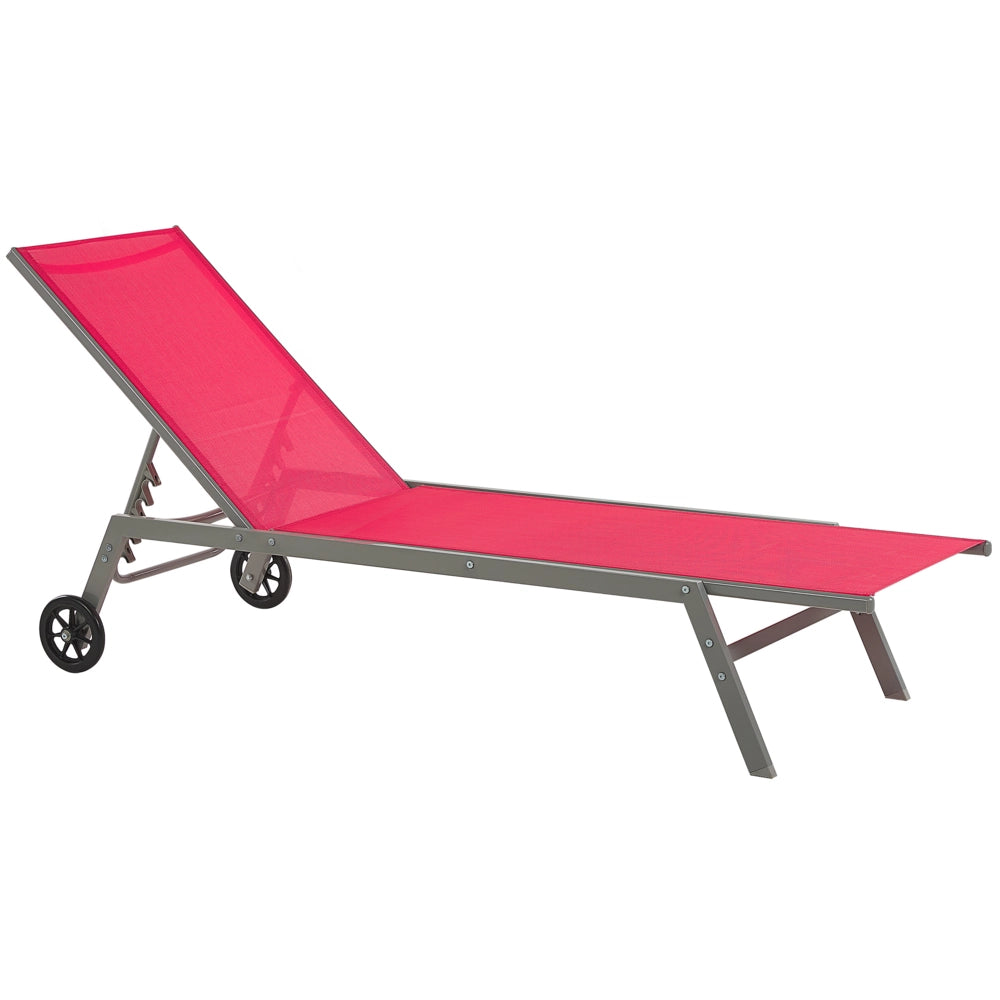 Lettino Prendisole Rosso Nero Struttura in Acciaio Tessuto Schienale Regolabile con Ruote Design Moderno