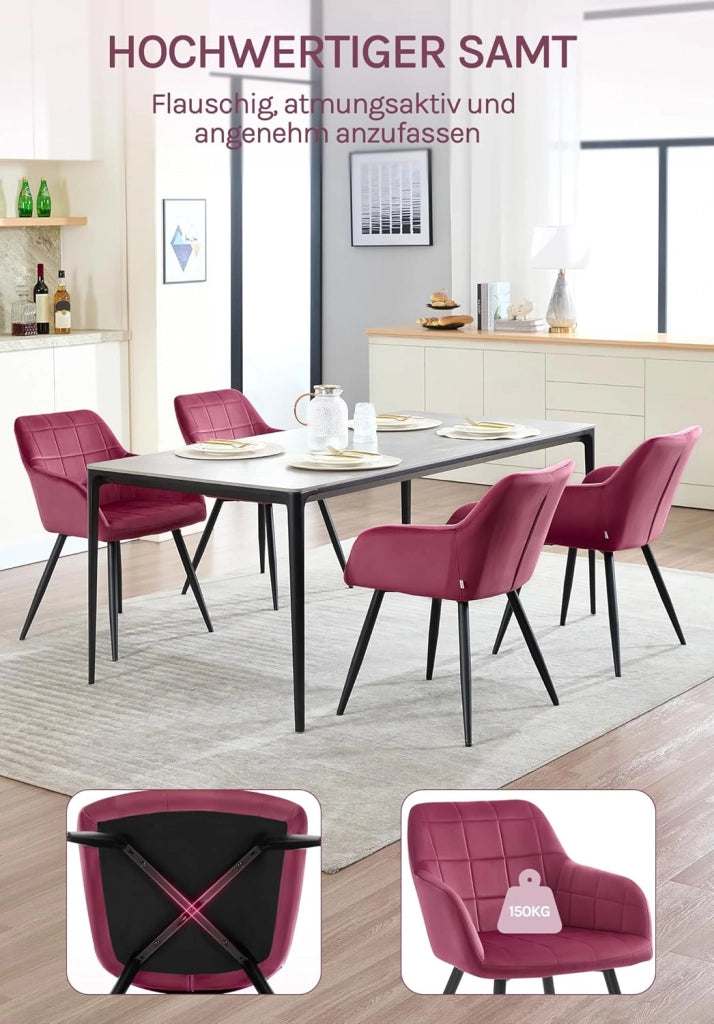 Set di 8 Sedie per Sala da Pranzo Imbottita, Poltroncina in Velluto,Sedia da Cucina con Braccioli e Schienale, Gambe in Metallo, moderne, Bordeaux, BH93bd-8