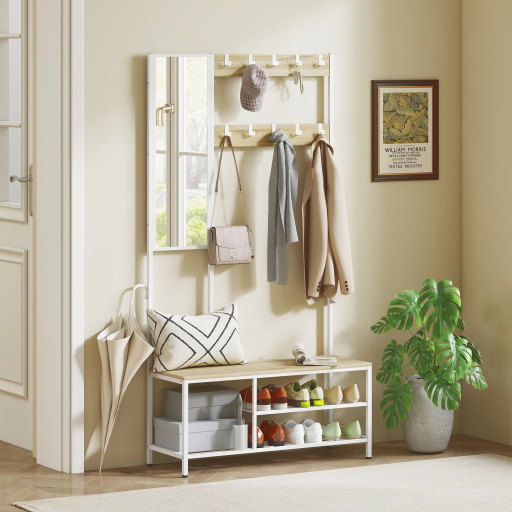 Appendiabiti con specchio e ripiani ¨C zephmum ¨C 98x34x186 cm colore naturale