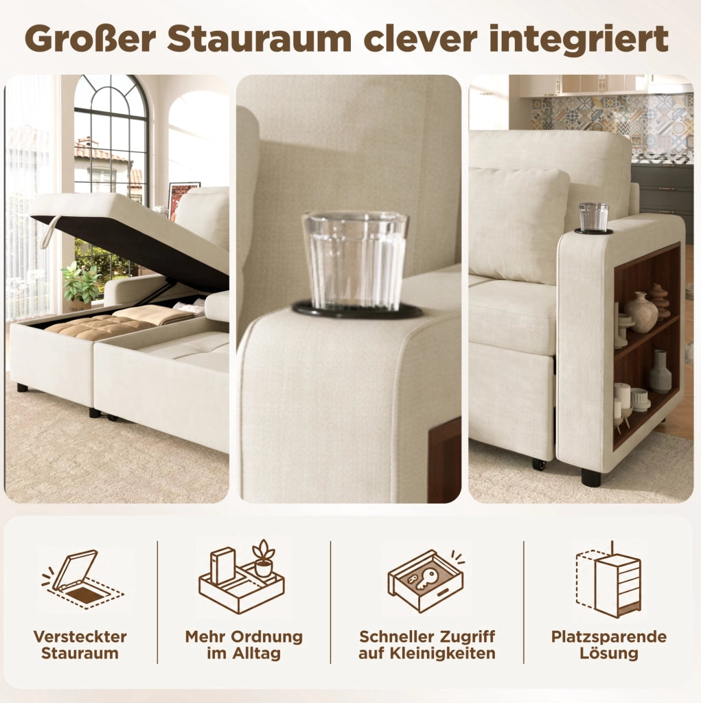 DIVANO LETTO 3 Posti Estraibile con Récamiere e Contenitore in Chenille Beige Chiaro
