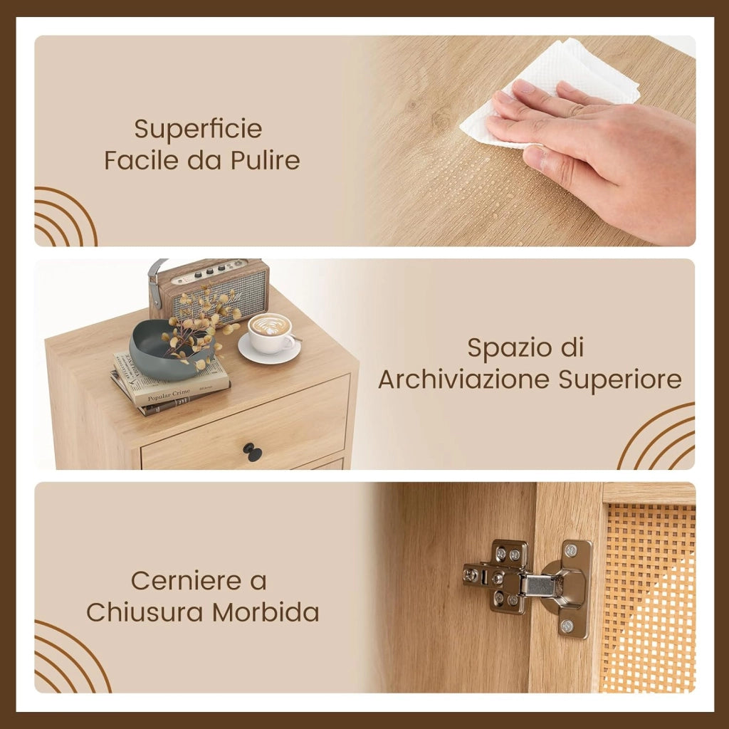 Mobiletto con Ripiano Regolabile su 3 Livelli, Armadietto con 1 Cassetto & 1 Anta in Rattan PE, Comodino Antiribaltamento con Piedini Regolabili, per Soggiorno & Salotto, 40 x 30 x 91 cm