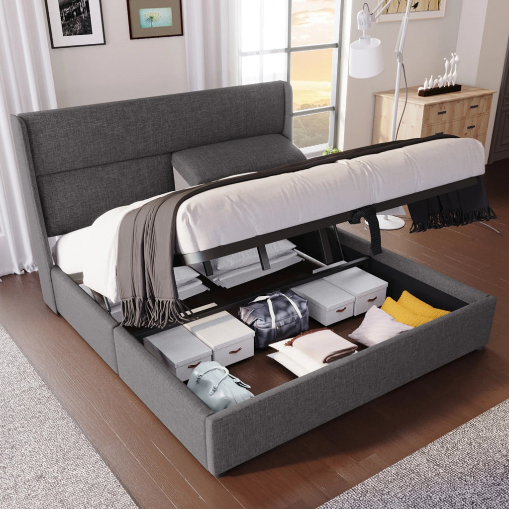 Letto matrimoniale imbottito 160x200 cm con testiera regolabile; contenitore idraulico; grigio