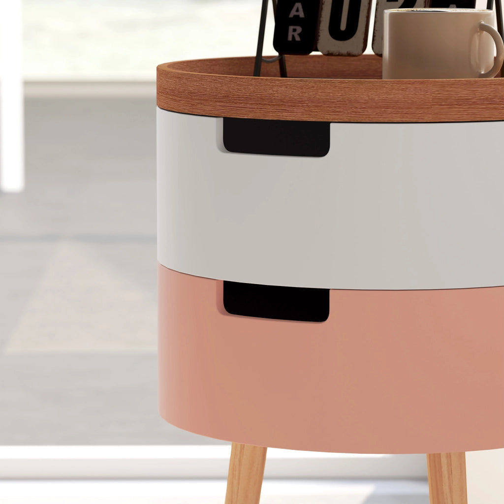 Set 2 Tavolini da Caffè con 2 Vani Contenitore e Vassoio Superiore Ø35 x 65,5 cm in MDF e Legno Bianco e Rosa