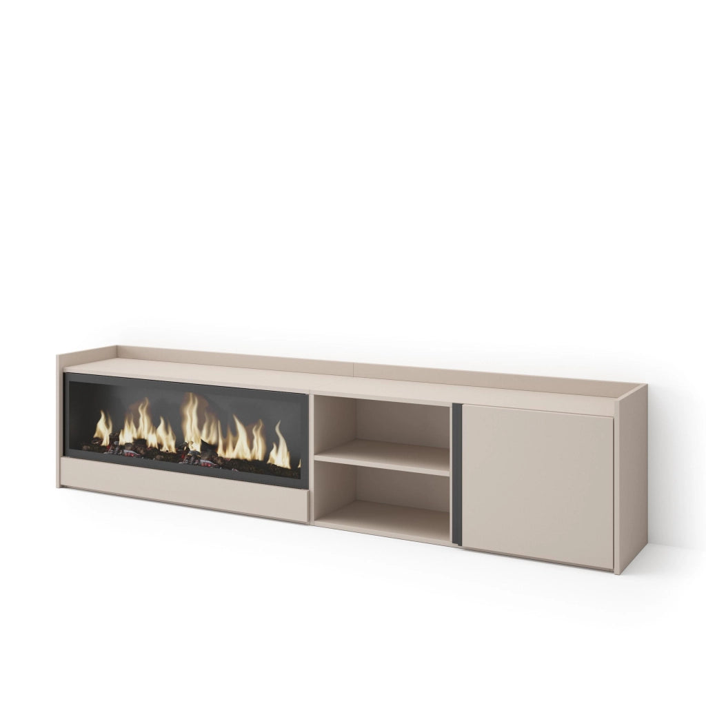 Mobile TV Soggiorno, 212x50x35 cm, Per TV fino a 80", Camino elettrico XXL, Beige