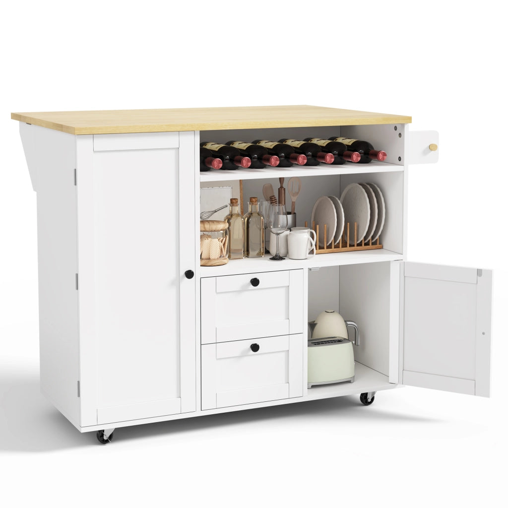Isola cucina con piano ribaltabile, 2 cassetti, portabottiglie, portarotolo e ruote bloccabili, 104 × 45(69) × 89 cm