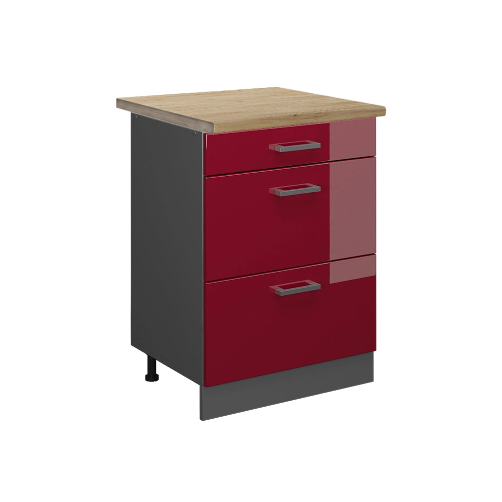 Vicco Mobiletto base per cucina Rosso lucido 60 cm con cassetti, PL Rovere