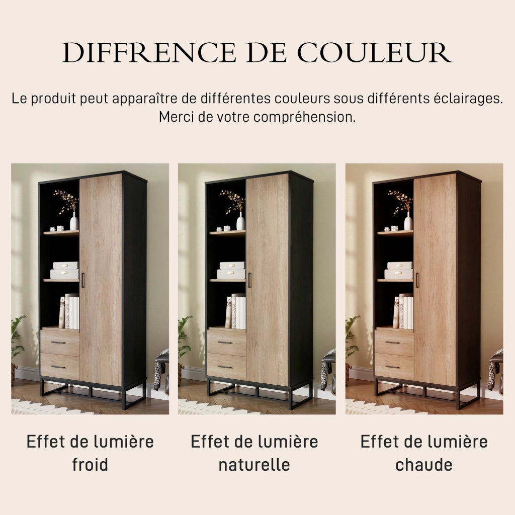 Credenza alta con 1 anta; 2 cassetti e 3 vani aperti per soggiorno; ufficio e ingresso; in MDF; nero e legno; 80 × 40 × 180 cm