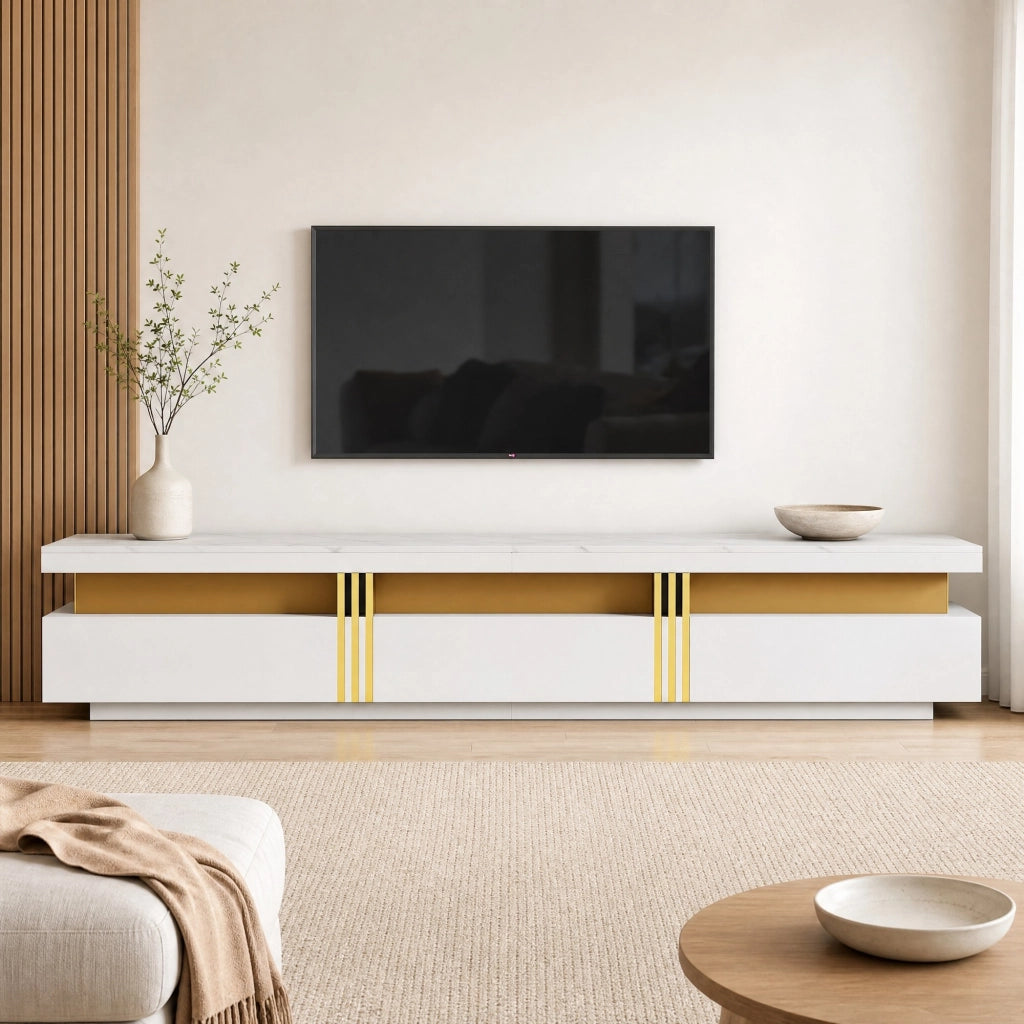 Mobile TV basso moderno effetto marmo, 200 x 40 x 42 cm, per TV fino a 90", 3 cassetti e gestione cavi