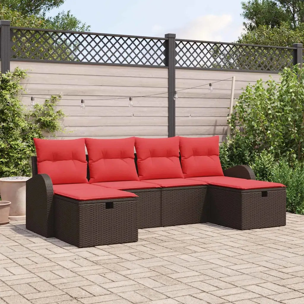Set di divani con cuscino 6 pcs Marrone e Rosso polyrattan