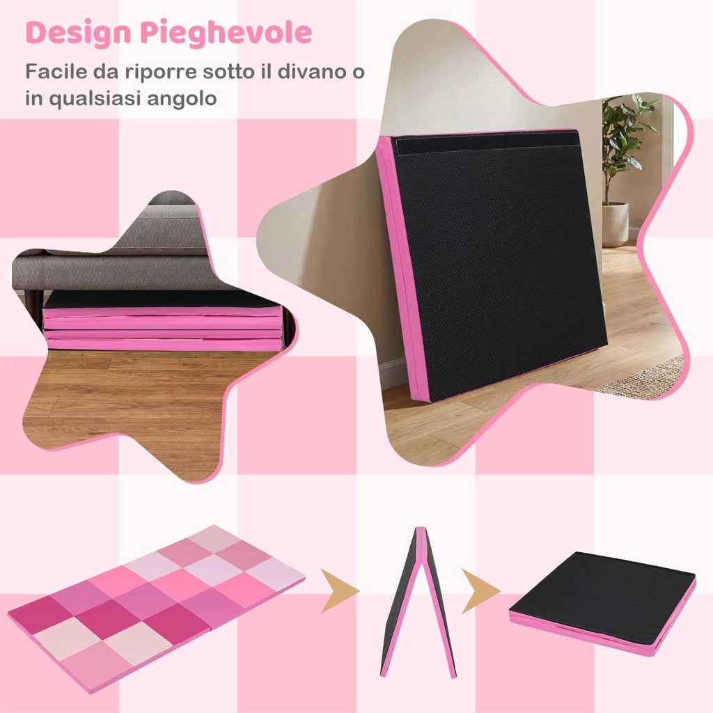 Tappeto Gioco Pieghevole, 144 x 144 cm, Tappetino da Ginnastica con Pelle Impermeabile, Tappeto da Pavimento per Cameretta (Rosa)