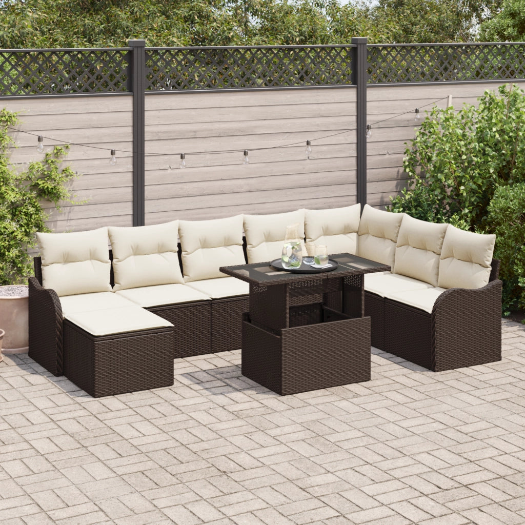 Set Divano da Giardino 9 Pezzi con Cuscini Marroni Rattan Polietilene