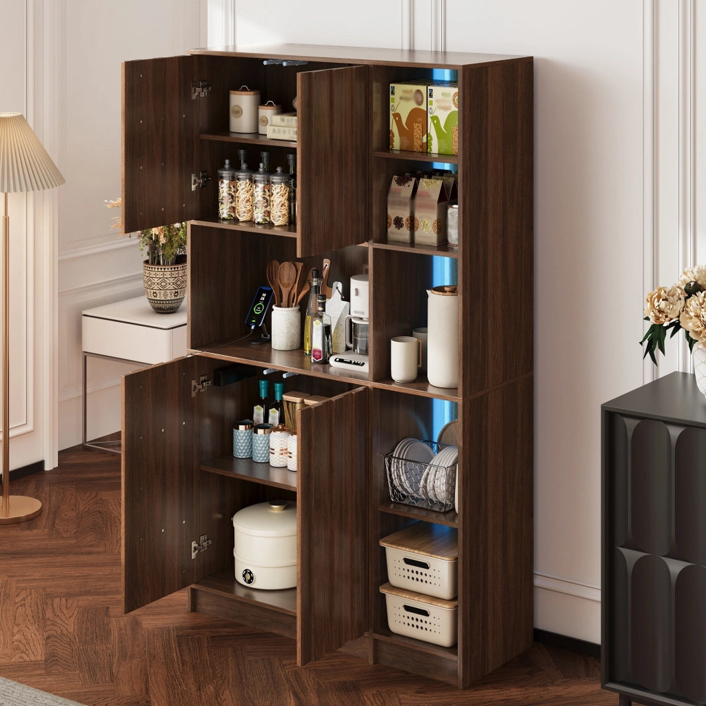 Credenza alta multifunzione con LED RGB, prese integrate e struttura in MDF finitura walnut, 105 x 40 x 180 cm