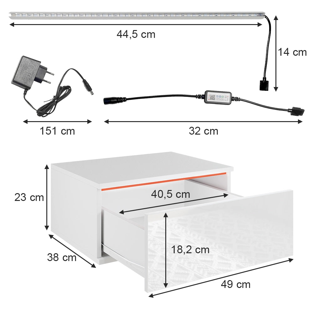 Vicco Comodino camera da letto Bianco 49 x 23 cm Con illuminazione a LED
