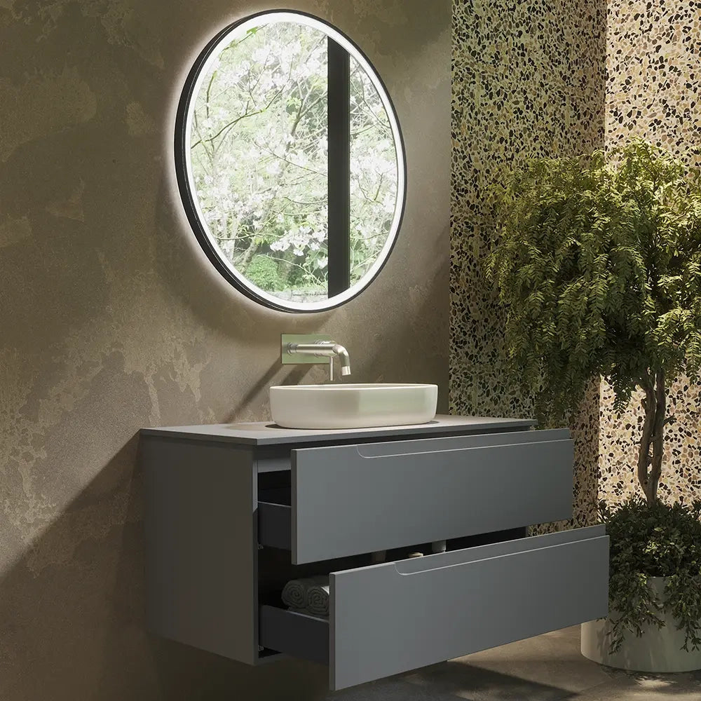Mobile bagno sospeso 60 cm due cassetti color grigio opaco con top  | Moor