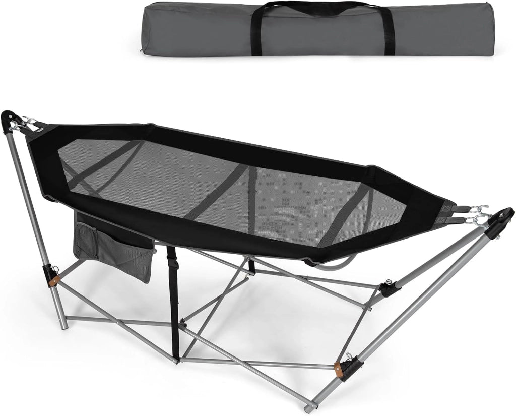 Amaca da giardino con supporto pieghevole in metallo, sedia amaca portatile in tessuto a rete, letto da campeggio con borsa da trasporto, lettino con carico 150 kg, 227 x 82 x 89 cm (Nero)