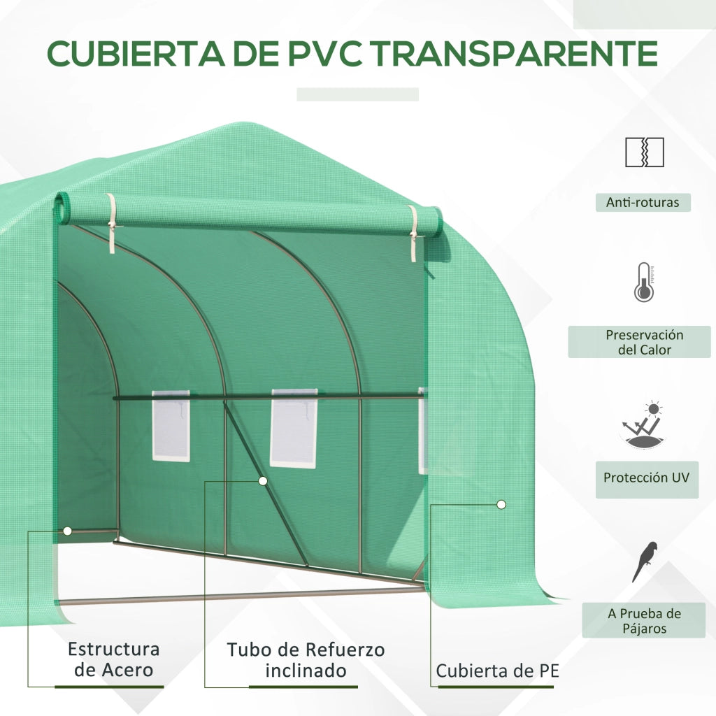 Serra Tunnel Giardino 6 Finestre ¨C zephmum ¨C Verde PE 140g/m2 Struttura Acciaio 450x300x205 cm