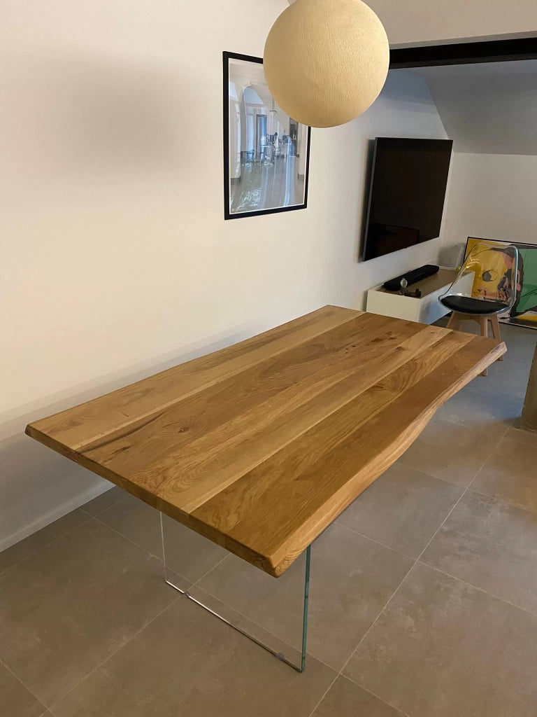 Tavolo fisso in legno rovere massello 160x90  spessore 4 cm e gambe in vetro (809) - Mobili 2G