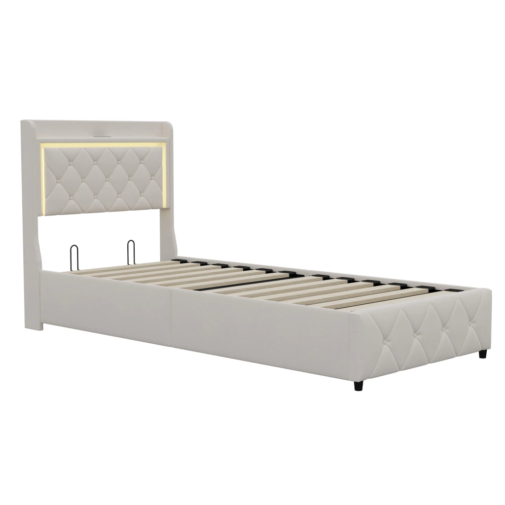 Letto singolo contenitore 90x200 cm con testiera LED e porta USB struttura letto imbottita con contenitore idraulico in velluto beige