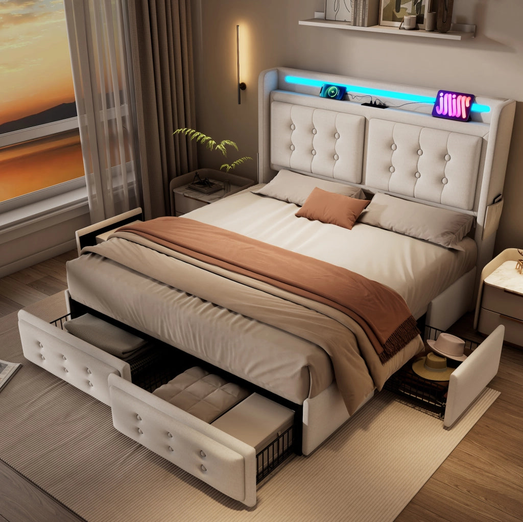 Letto matrimoniale 160x200 cm con LED; porte USB e Type-C; 4 cassetti; beige; in cotone e lino; con materasso