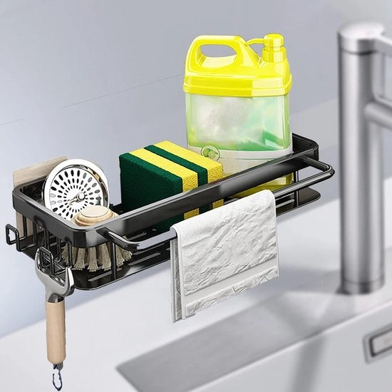 Organizzatore per vasca da bagno in acciaio inossidabile, goot, caddy organizzatore, cucina, supporto per asciugamani, organizzatore, manico, appeso, per la parete, doppio uso gancio per cucina e bagno (nero + gancio)