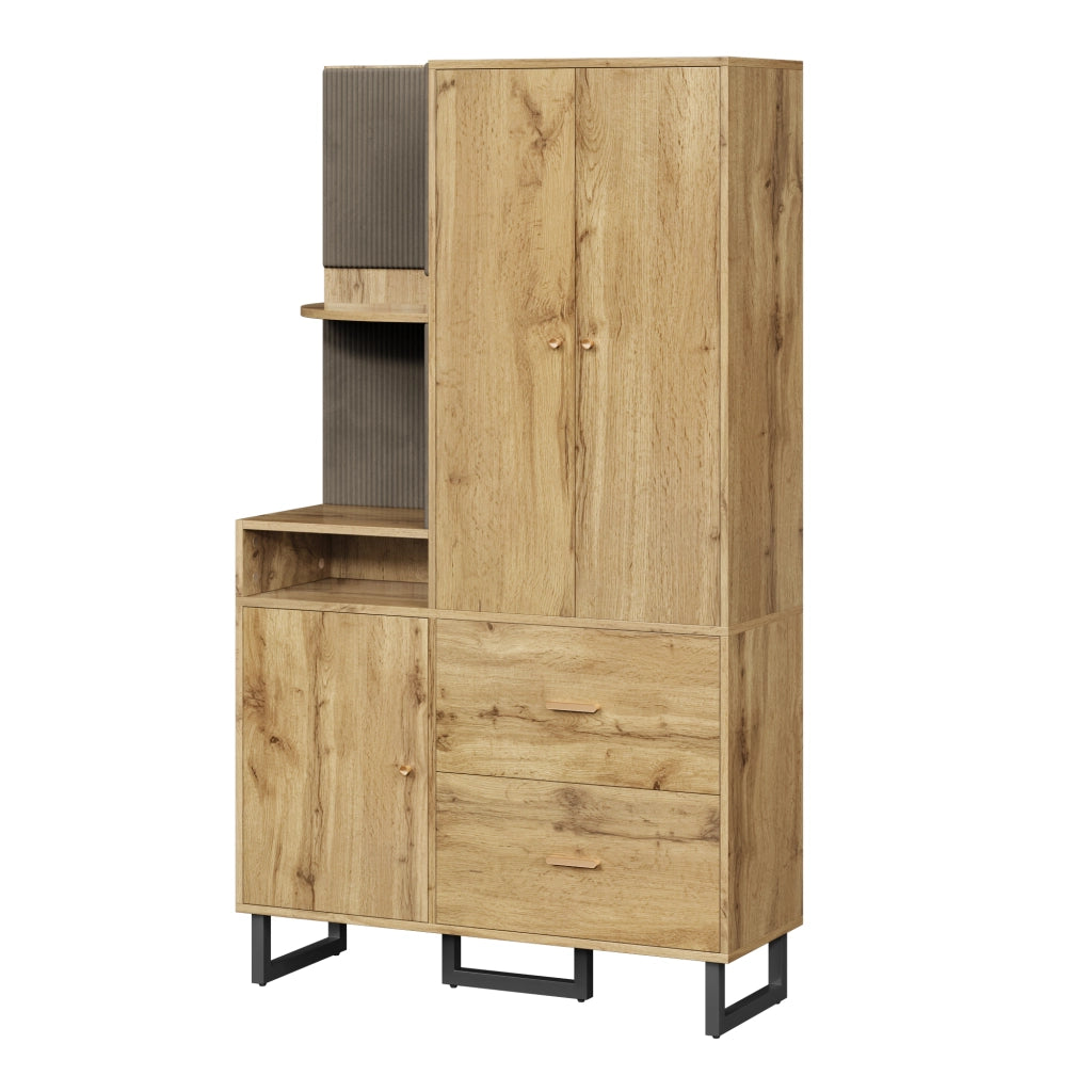 Mobile d'Ingresso con 1 Anta; 2 Cassetti; Barra Estraibile e Nicchie; Pannelli in Tessuto; Moderno; in MDF; Nero e Naturale; 110??38??186 cm
