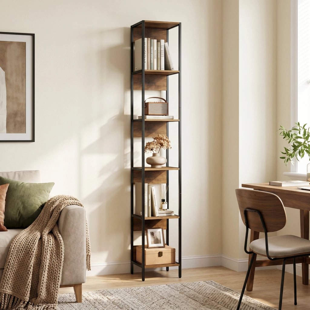 Libreria Verticale Salvaspazio 6 Ripiani 29,5x30x185 cm Marrone e Acciaio Nero