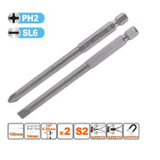 Trade Shop - Kit 2 Bits 100mm Gambo 1/4" 6.35mm Punta S2 Magnetica Croce Ph2 Taglio Sl6 57250 -