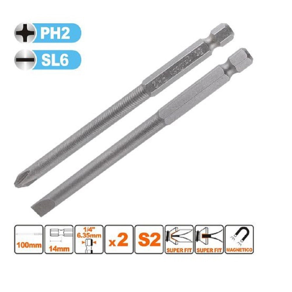 Trade Shop - Kit 2 Bits 100mm Gambo 1/4" 6.35mm Punta S2 Magnetica Croce Ph2 Taglio Sl6 57250 -