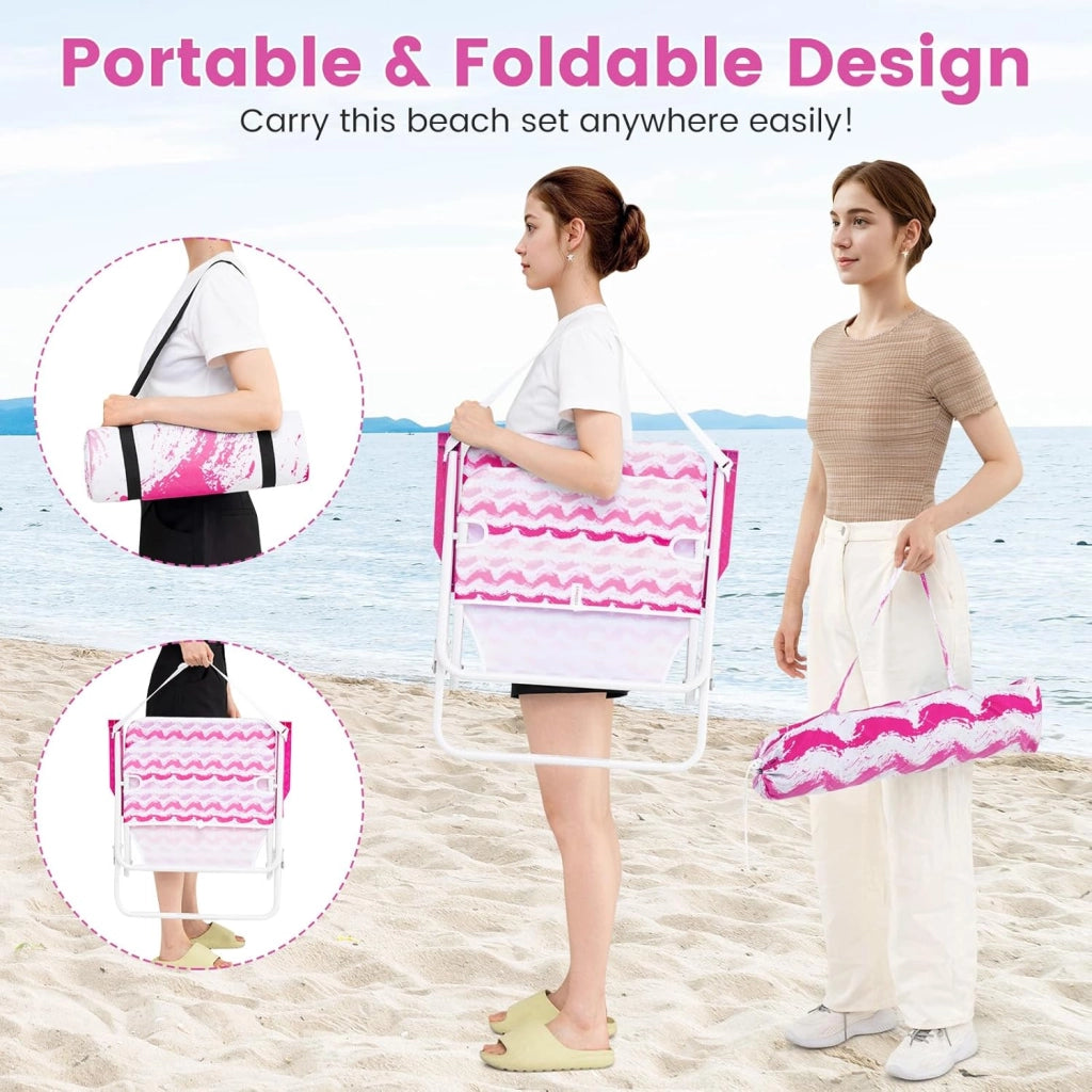 Set di 2 sedie da spiaggia con tappetino e ombrellone, sedie da campeggio portatili con borsa per il trasporto, sedia pieghevole per picnic e spiaggia, portata fino a 150 kg (rosa)