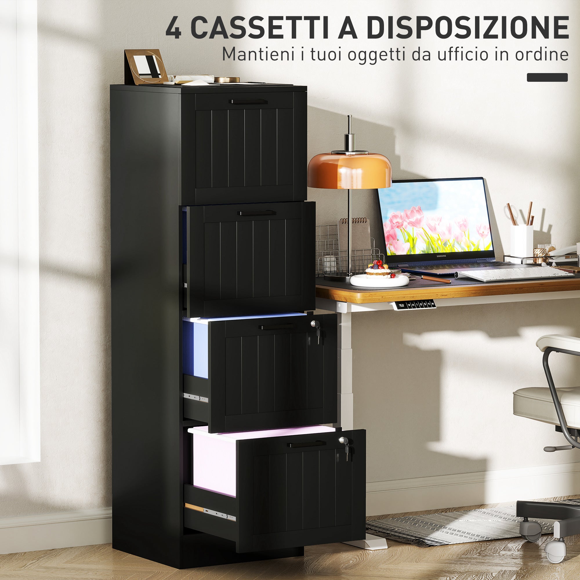 Cassettiera Portadocumenti a 4 Cassetti 40x40x131 cm 2 Serrature in Legno Nero