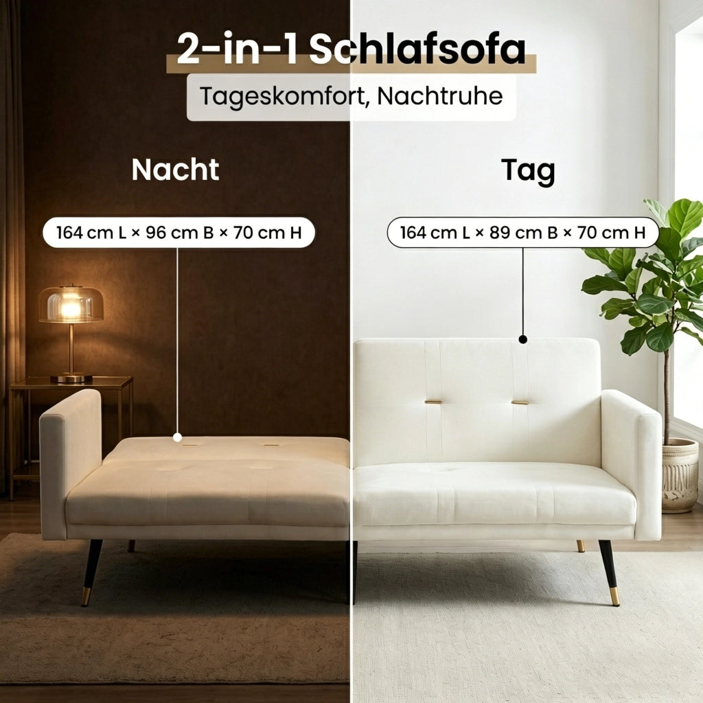 Divano letto 2 posti in velluto con schienali regolabili separatamente 5 posizioni beige 164 × 89 × 70 cm