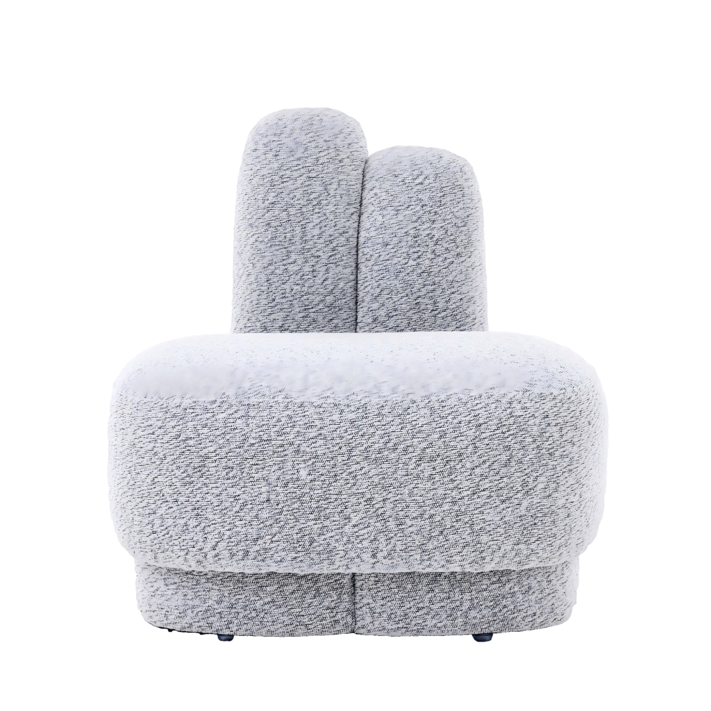 Poltrona pouf a forma di coniglio - con orecchie ricamate - in tessuto grigio anticato e bianco