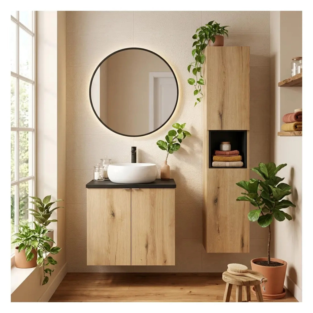 Set VANO finitura rovere e nero 90cm: mobile sottolavabo con armadietti + piano per lavabo + lavabo da appoggio rotondo + colonna