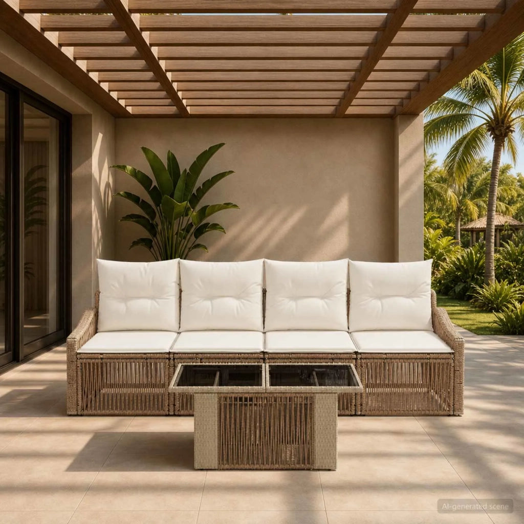 Set Divano da Giardino 5 pz Beige e Bianco Crema polyrattan 3437202