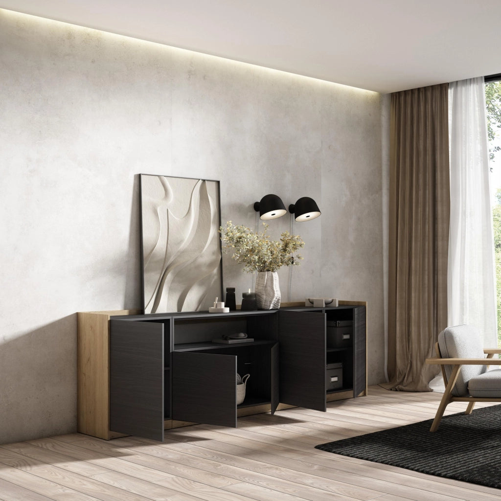 Credenza, Mobile, Cucina, 260x80x37 cm, 5 Porte, grande stoccaggio, Nero e rovere